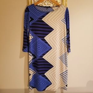 Tiana B. Shift Dress Geometric Stripe Design Blue Cream Nude